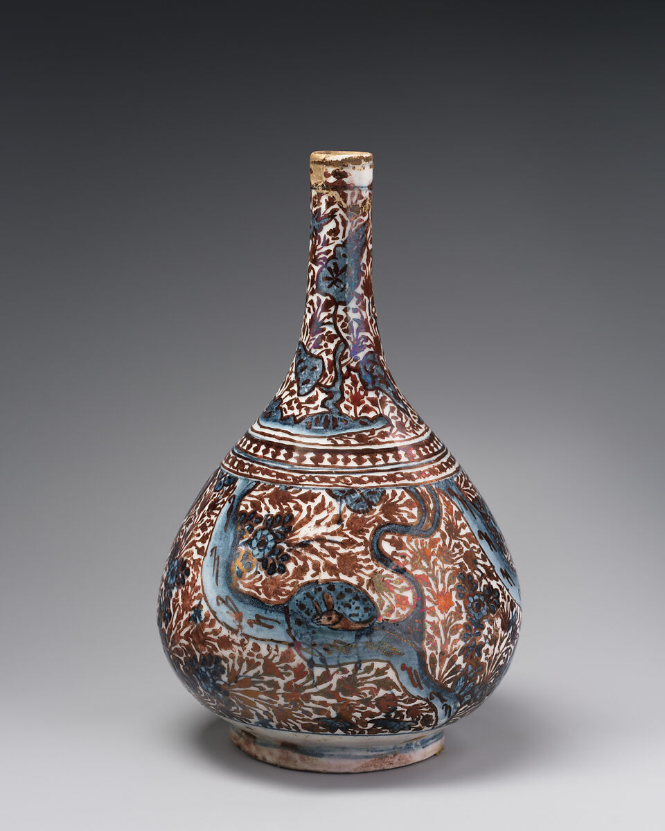 Bottle, Stonepaste; luster-painted on opaque white and blue glaze under transparent colorless glaze 