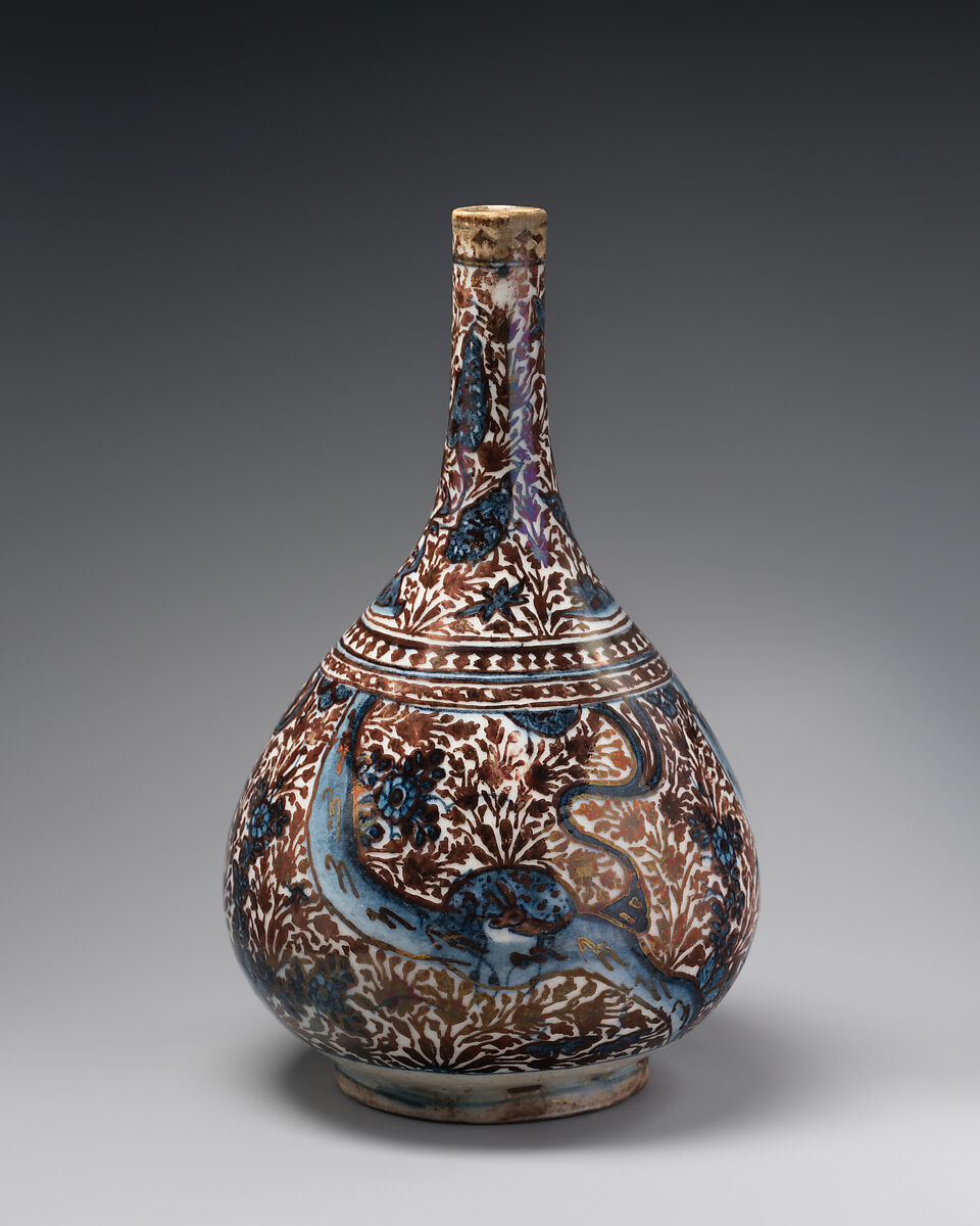 Bottle, Stonepaste; luster-painted on opaque white and blue glaze under transparent colorless glaze