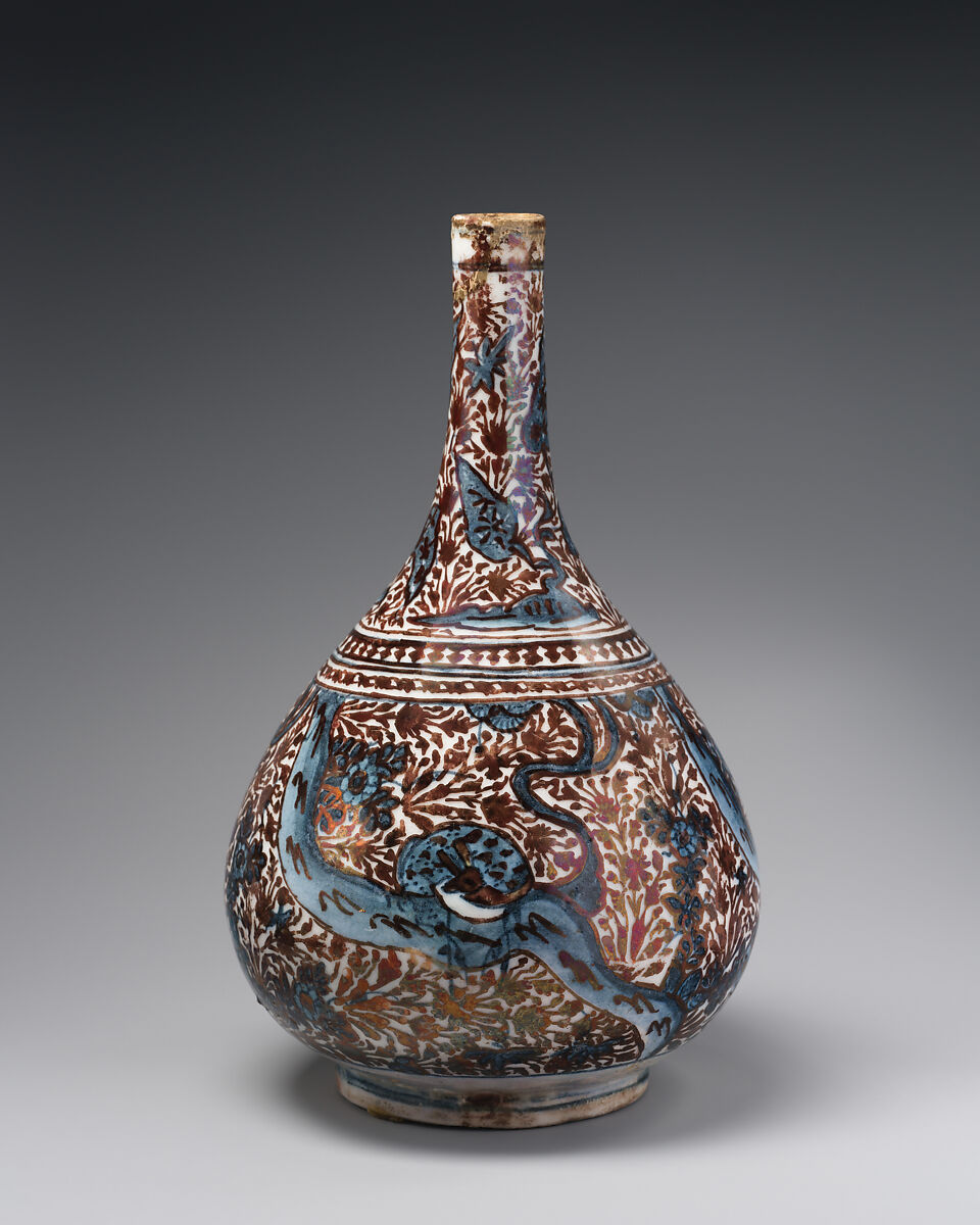 Bottle, Stonepaste; luster-painted on opaque white and blue glaze under transparent colorless glaze