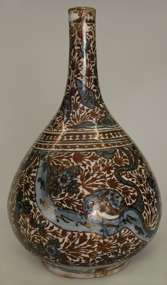 Bottle, Stonepaste; luster-painted on opaque white and blue glaze under transparent colorless glaze