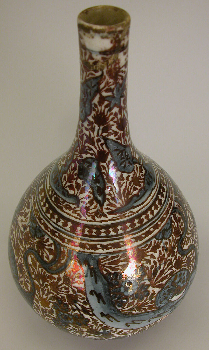 Bottle, Stonepaste; luster-painted on opaque white and blue glaze under transparent colorless glaze