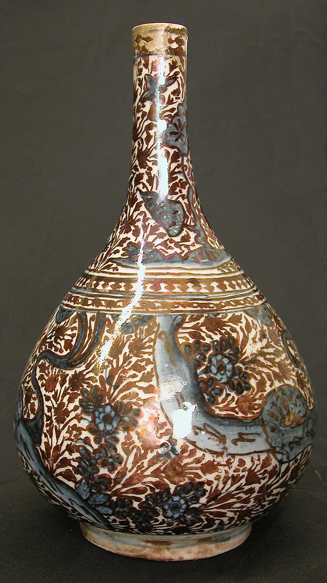 Bottle, Stonepaste; luster-painted on opaque white and blue glaze under transparent colorless glaze