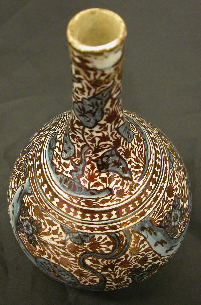 Bottle, Stonepaste; luster-painted on opaque white and blue glaze under transparent colorless glaze