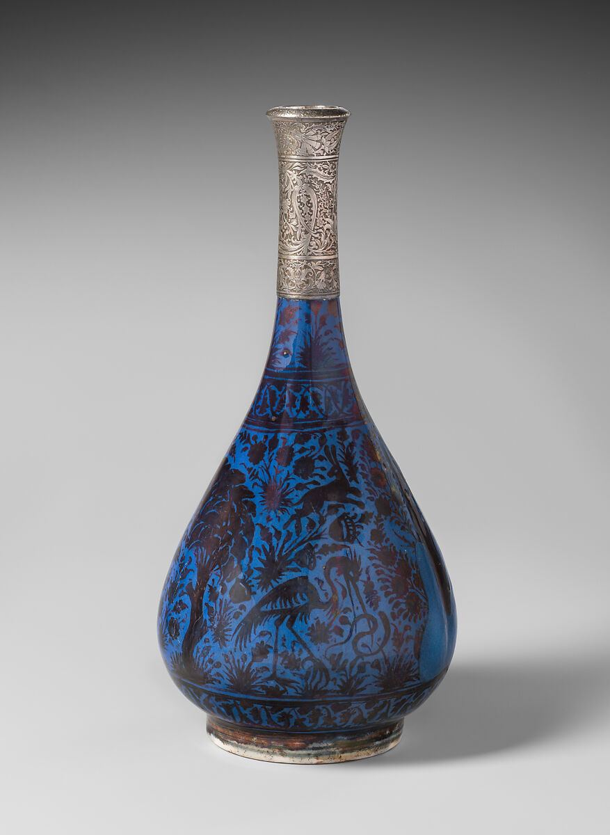 Bottle Depicting a Peacock in Foliage, Stonepaste; luster-painted on blue glaze under transparent glaze; silver mount