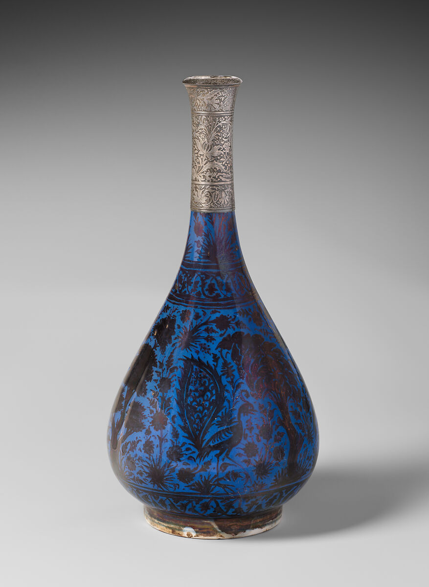 Bottle Depicting a Peacock in Foliage, Stonepaste; luster-painted on blue glaze under transparent glaze; silver mount 