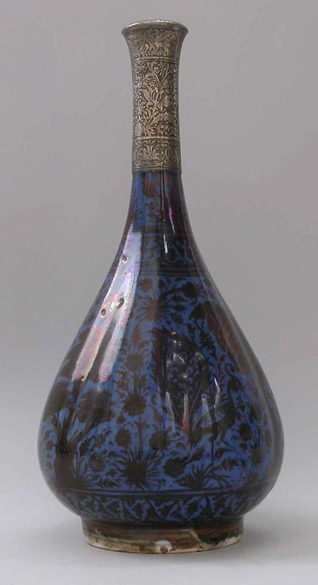 Bottle Depicting a Peacock in Foliage, Stonepaste; luster-painted on blue glaze under transparent glaze; silver mount