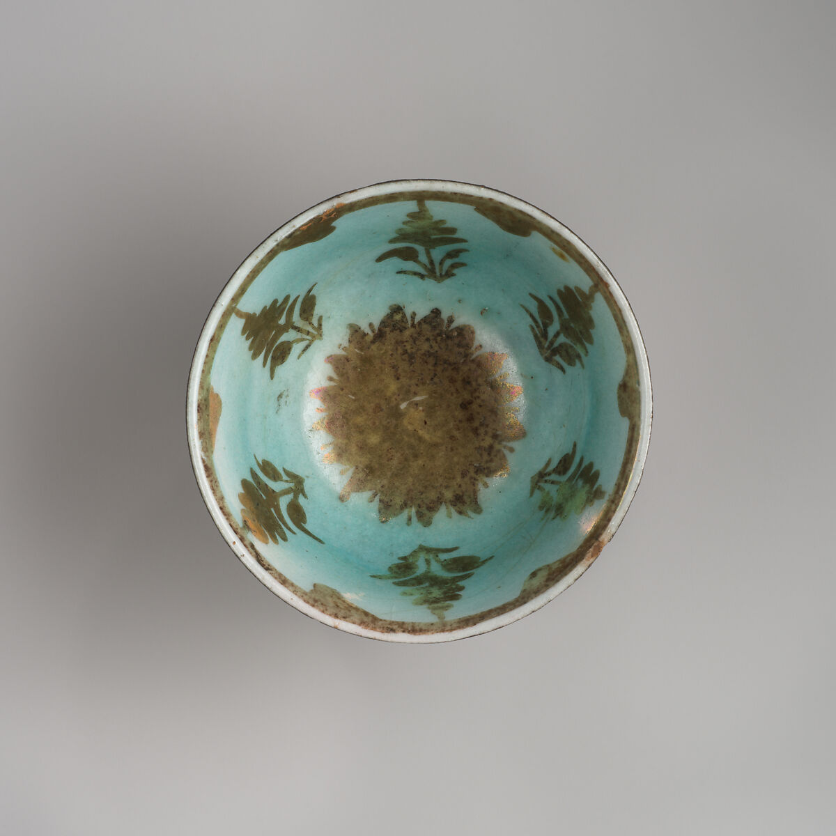 Cup, Stonepaste; luster-painted on opaque light blue glaze and white glaze (rim) 
