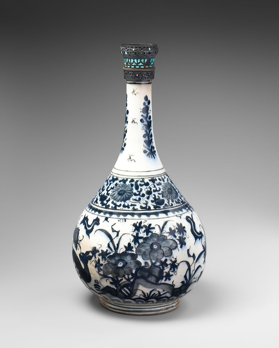 Bottle with Deer in Landscape, Stonepaste; underglaze painted; silver top inlaid with turquoise