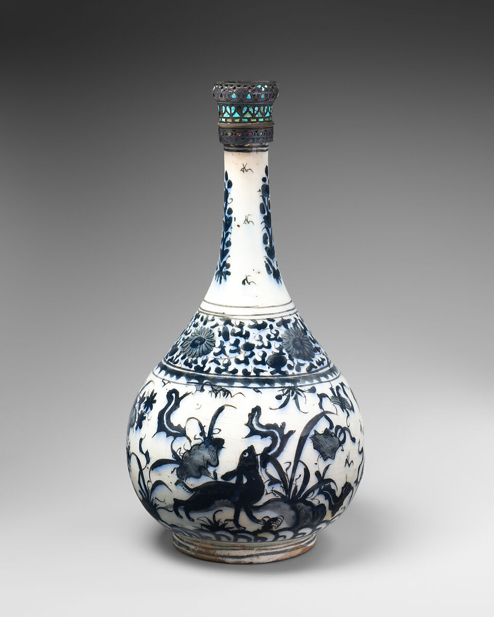 Bottle with Deer in Landscape, Stonepaste; underglaze painted; silver top inlaid with turquoise