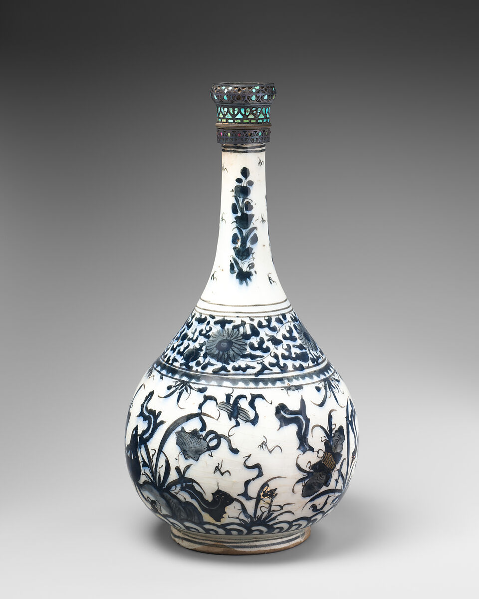 Bottle with Deer in Landscape, Stonepaste; underglaze painted; silver top inlaid with turquoise