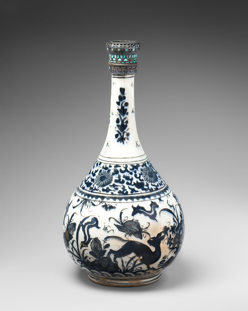 Bottle with Deer in Landscape, Stonepaste; underglaze painted; silver top inlaid with turquoise 