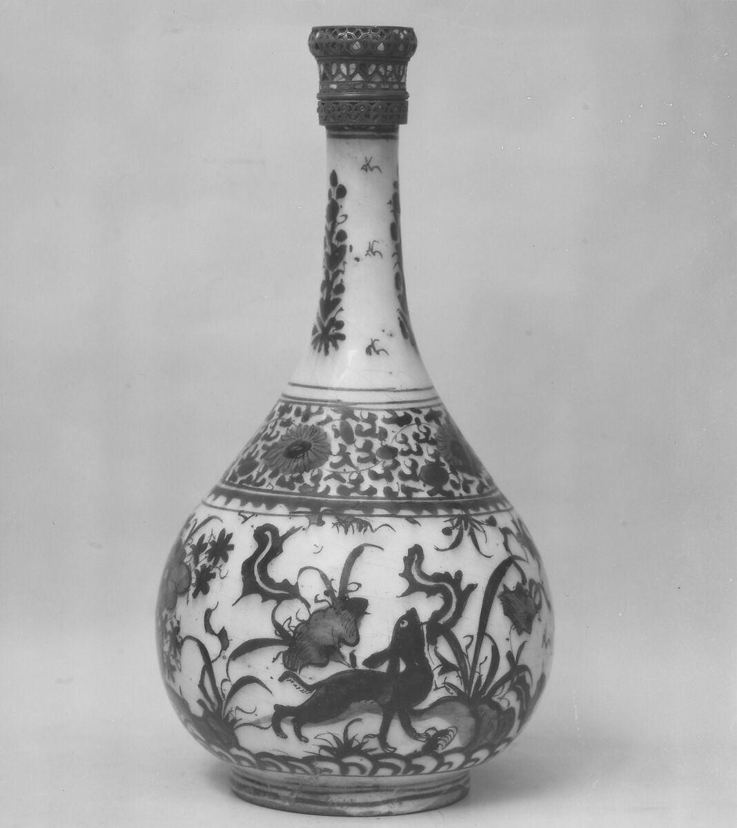 Bottle with Deer in Landscape, Stonepaste; underglaze painted; silver top inlaid with turquoise