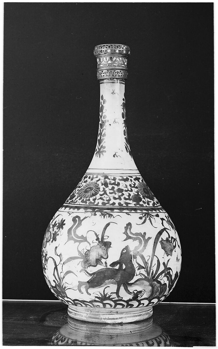 Bottle with Deer in Landscape, Stonepaste; underglaze painted; silver top inlaid with turquoise