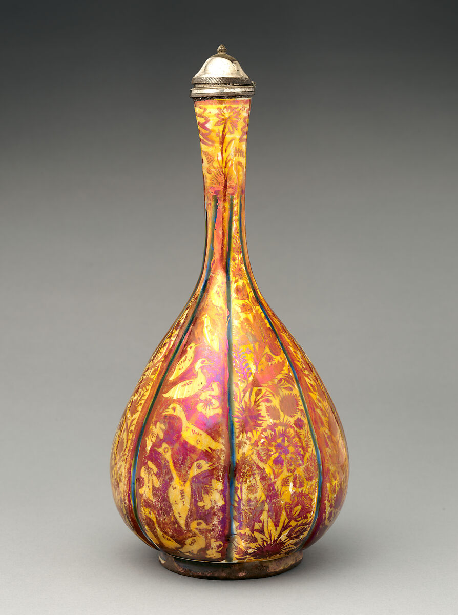 Bottle, Stonepaste; luster-painted on yellow glaze ground with cobalt blue glaze 