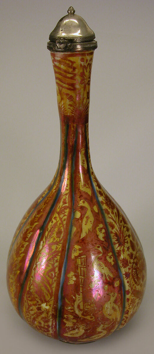 Bottle, Stonepaste; luster-painted on yellow glaze ground with cobalt blue glaze