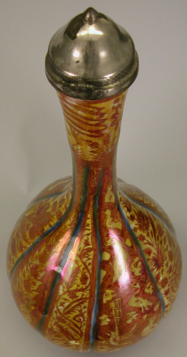Bottle, Stonepaste; luster-painted on yellow glaze ground with cobalt blue glaze