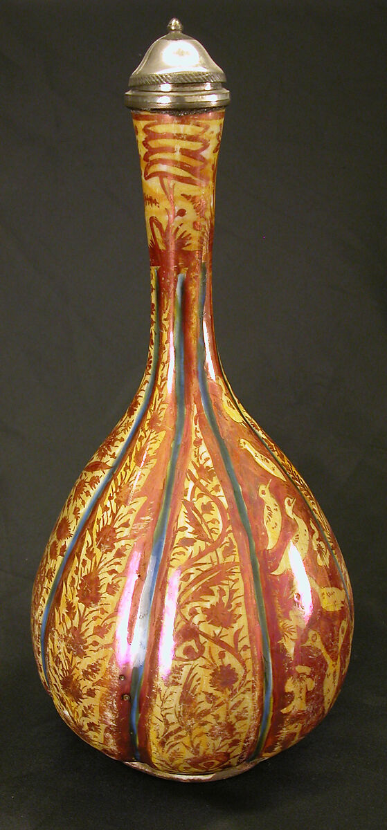Bottle, Stonepaste; luster-painted on yellow glaze ground with cobalt blue glaze
