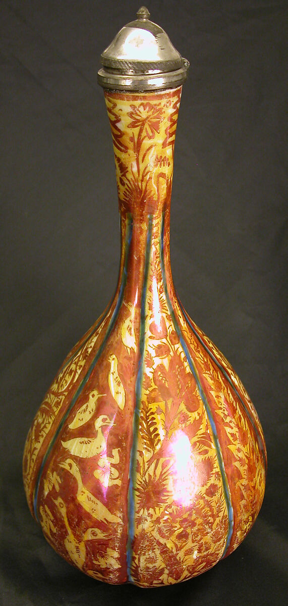 Bottle, Stonepaste; luster-painted on yellow glaze ground with cobalt blue glaze