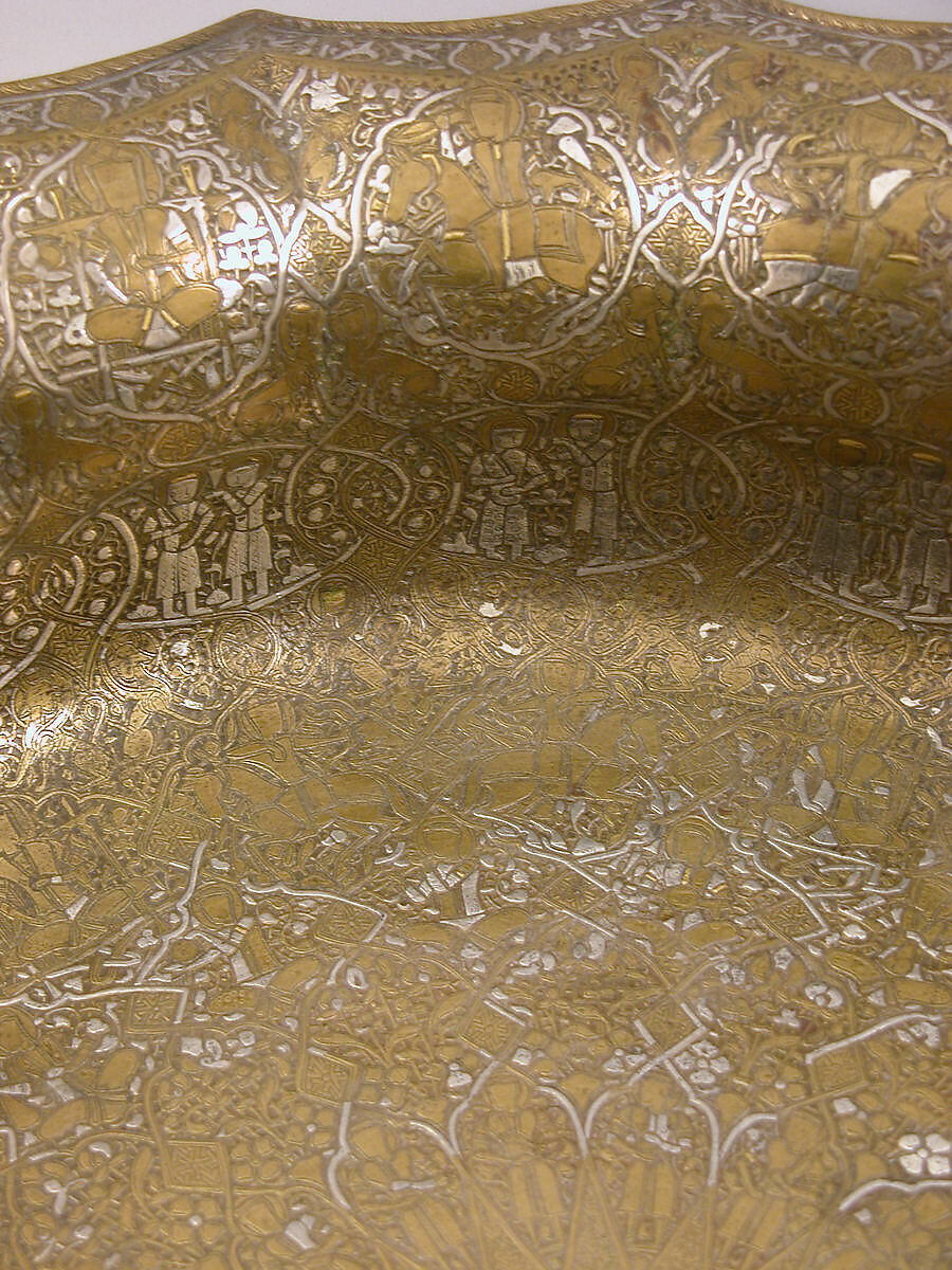 Basin with Figural Imagery, Brass; raised, engraved, and inlaid with silver and gold