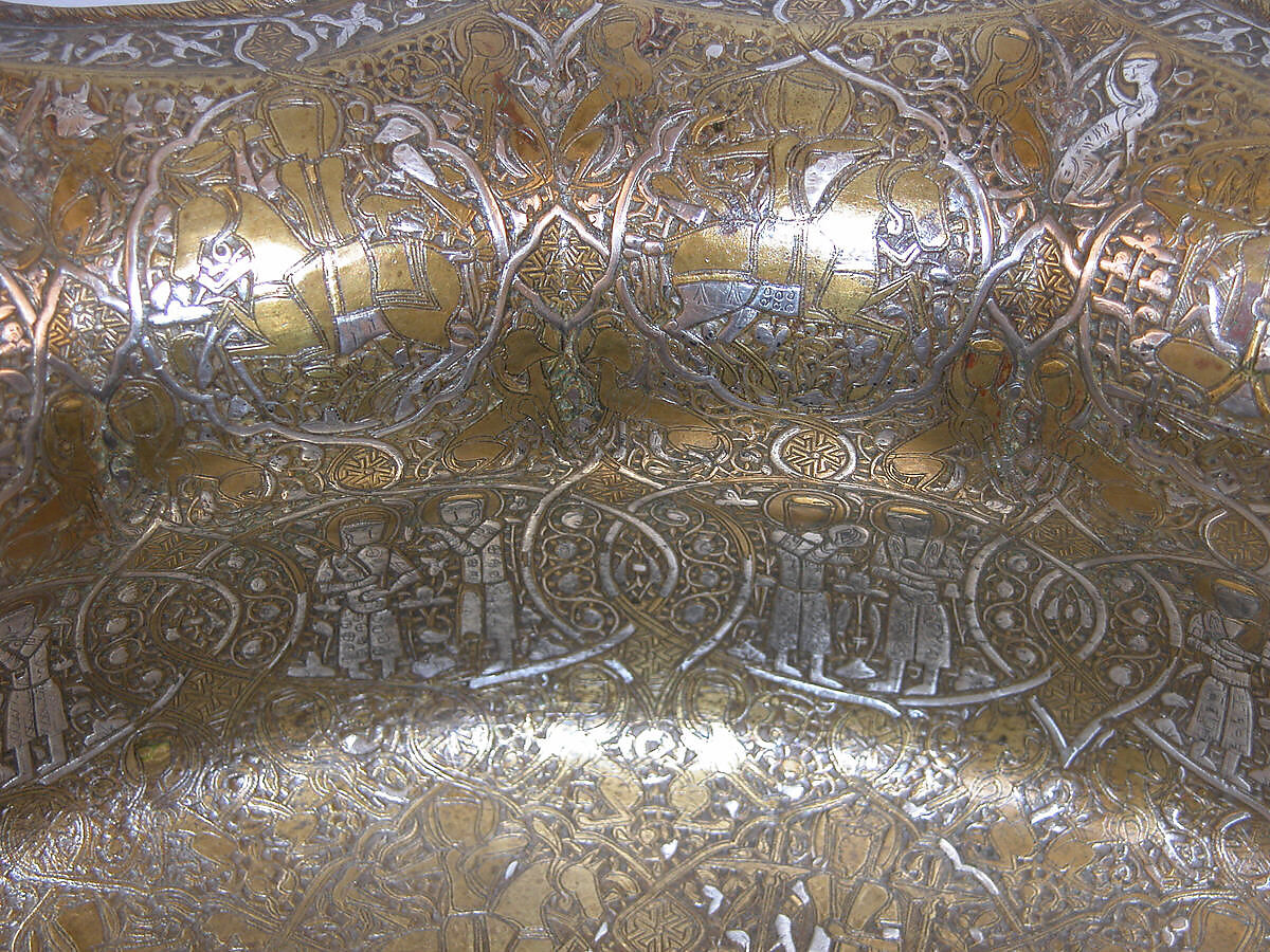 Basin with Figural Imagery, Brass; raised, engraved, and inlaid with silver and gold