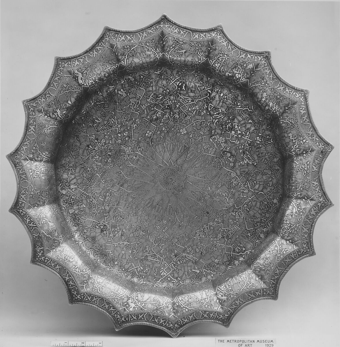 Basin with Figural Imagery, Brass; raised, engraved, and inlaid with silver and gold