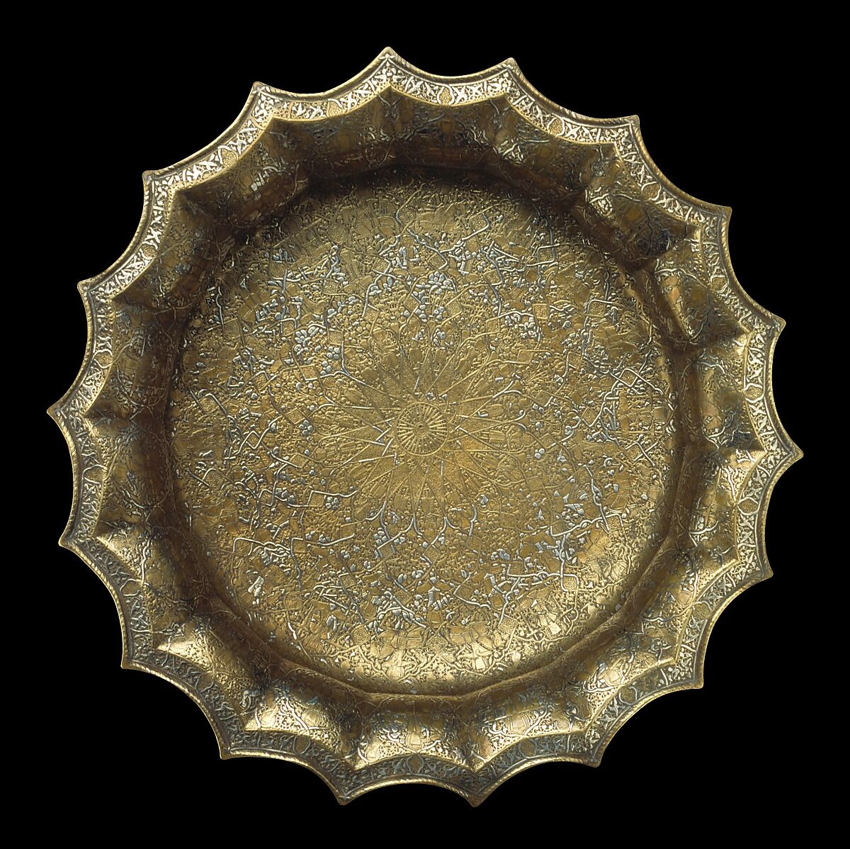 Basin with Figural Imagery, Brass; raised, engraved, and inlaid with silver and gold