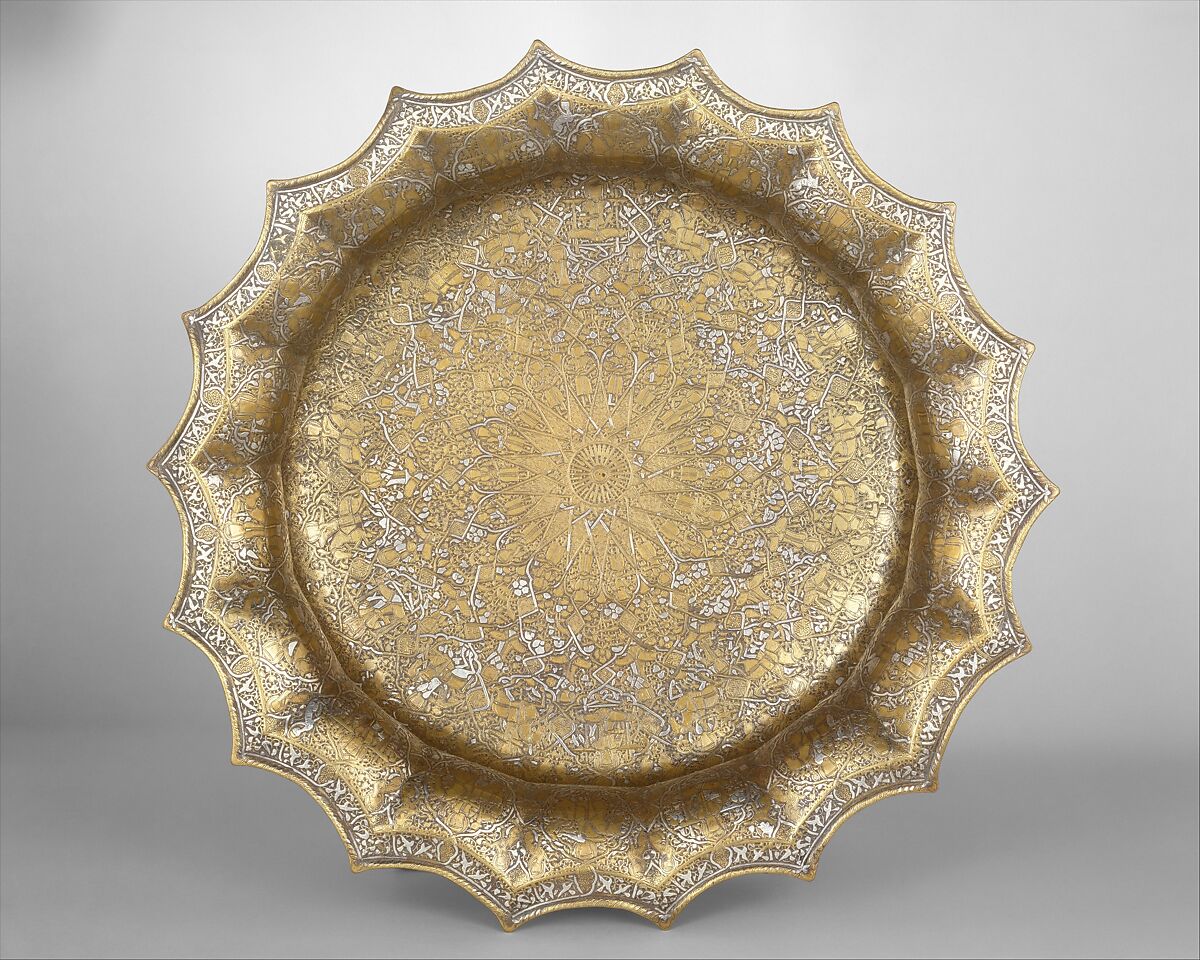 Basin with Figural Imagery, Brass; raised, engraved, and inlaid with silver and gold