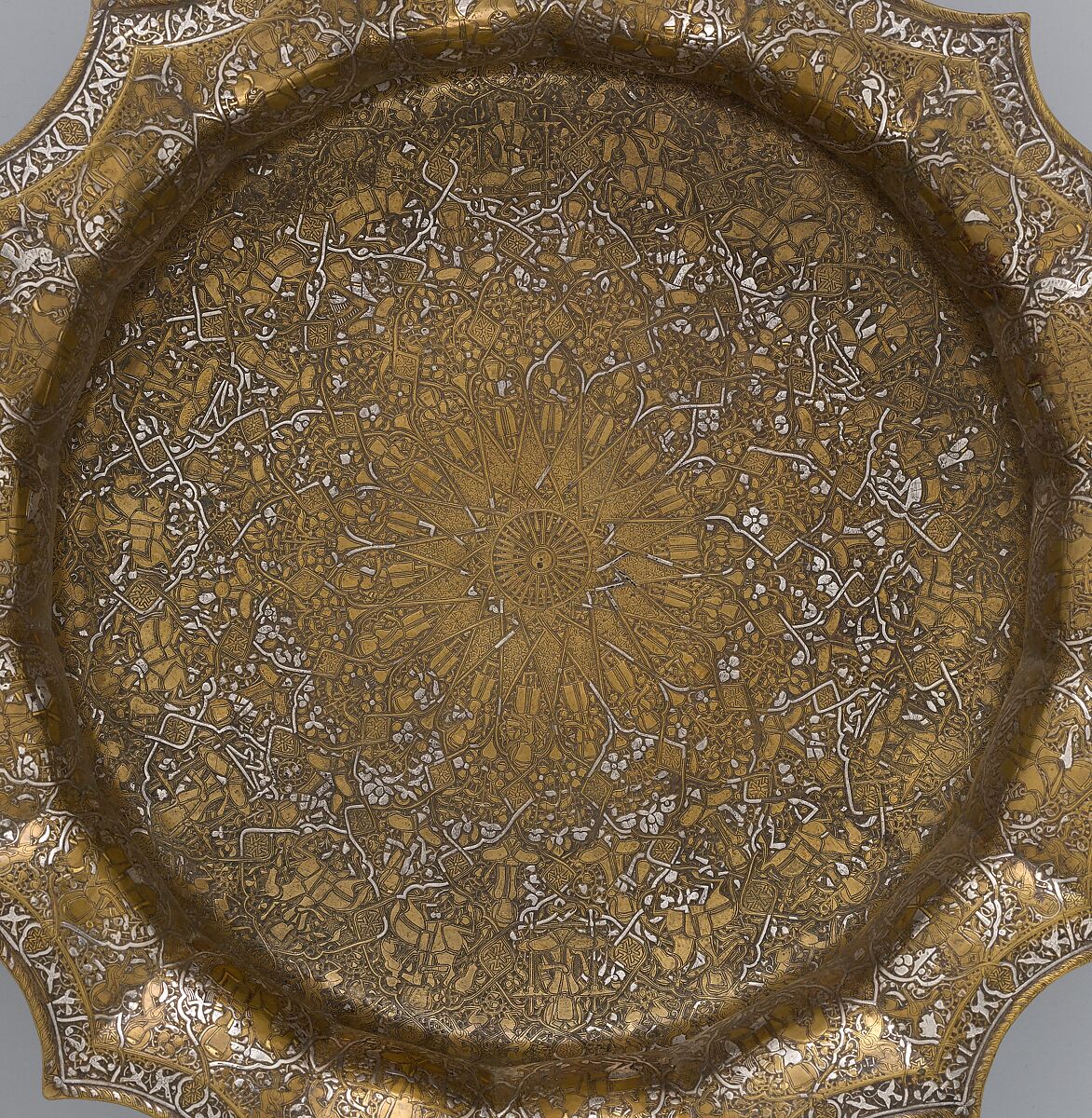 Basin with Figural Imagery, Brass; raised, engraved, and inlaid with silver and gold