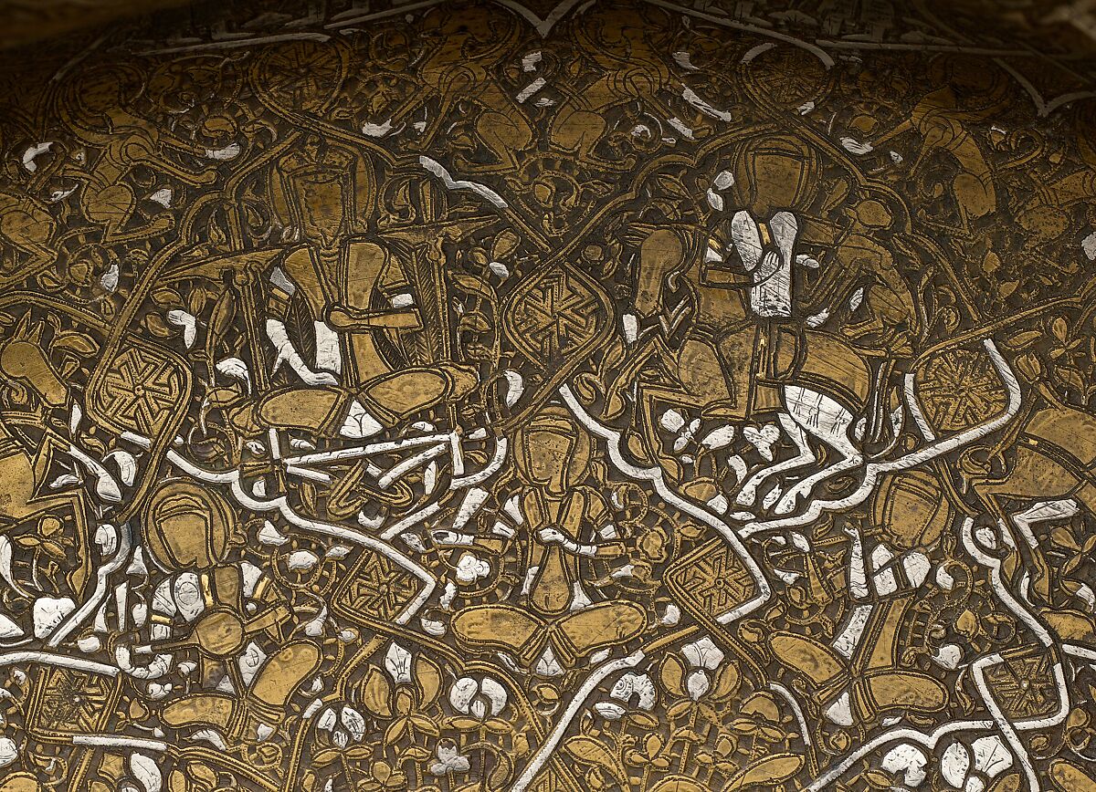 Basin with Figural Imagery, Brass; raised, engraved, and inlaid with silver and gold