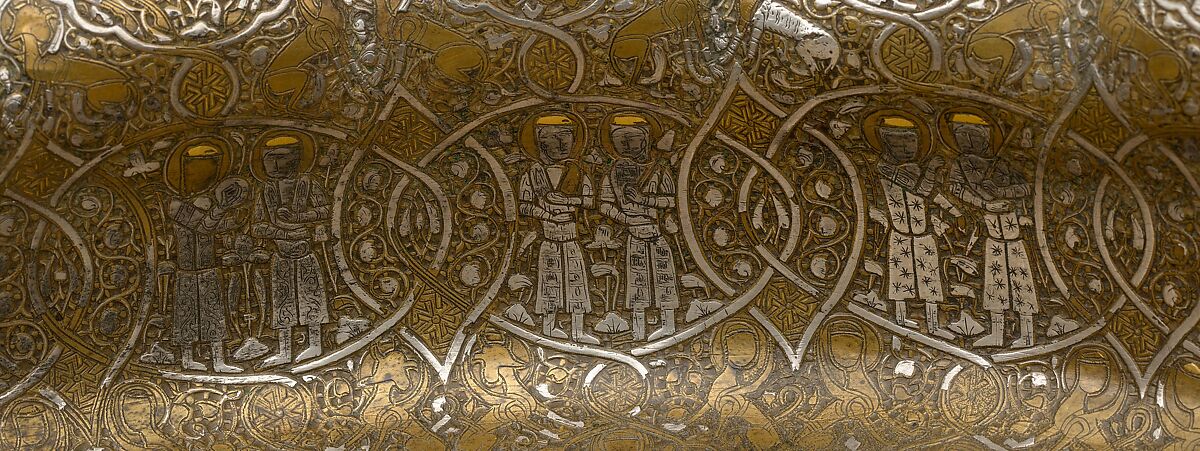 Basin with Figural Imagery, Brass; raised, engraved, and inlaid with silver and gold