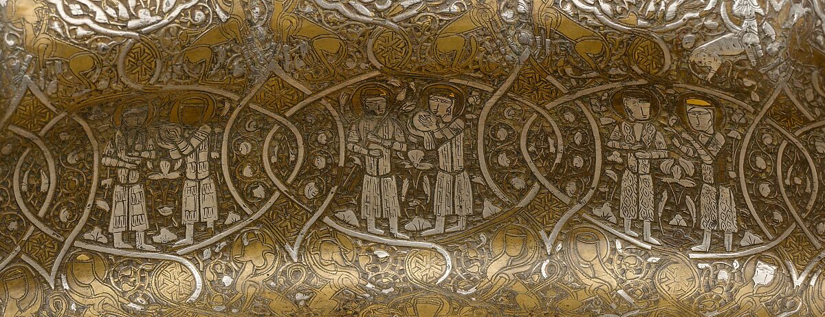 Basin with Figural Imagery, Brass; raised, engraved, and inlaid with silver and gold