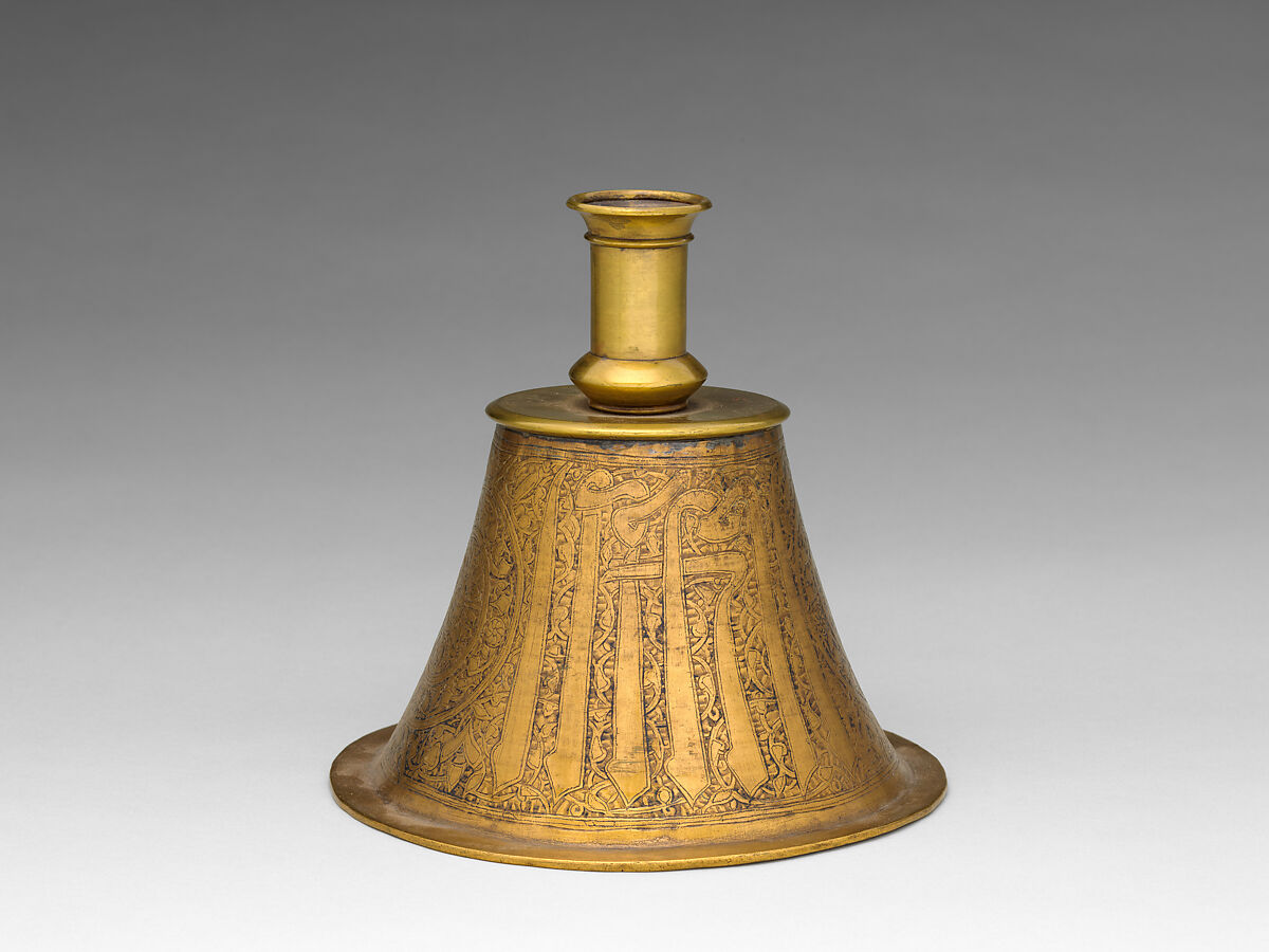 Candlestick, Brass; originally inlaid with silver