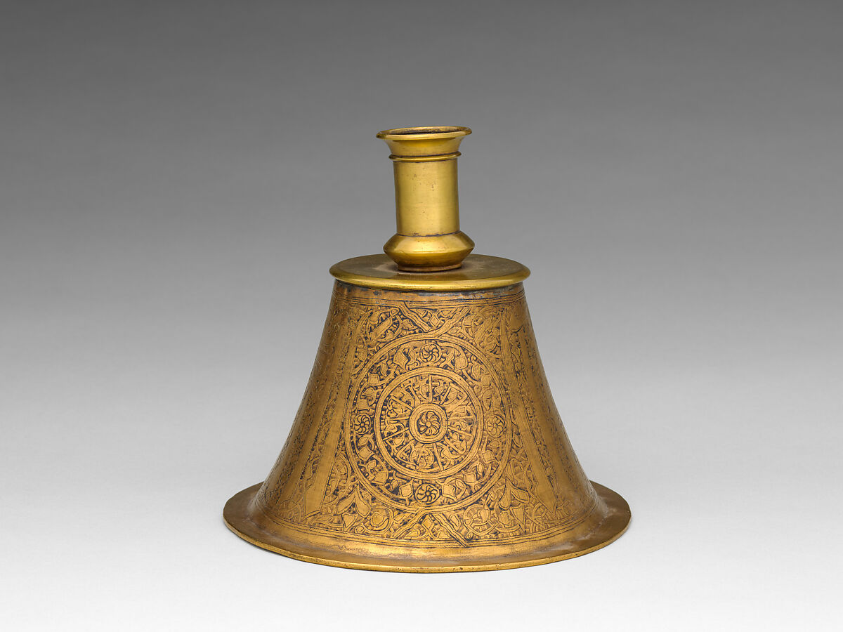 Candlestick, Brass; originally inlaid with silver