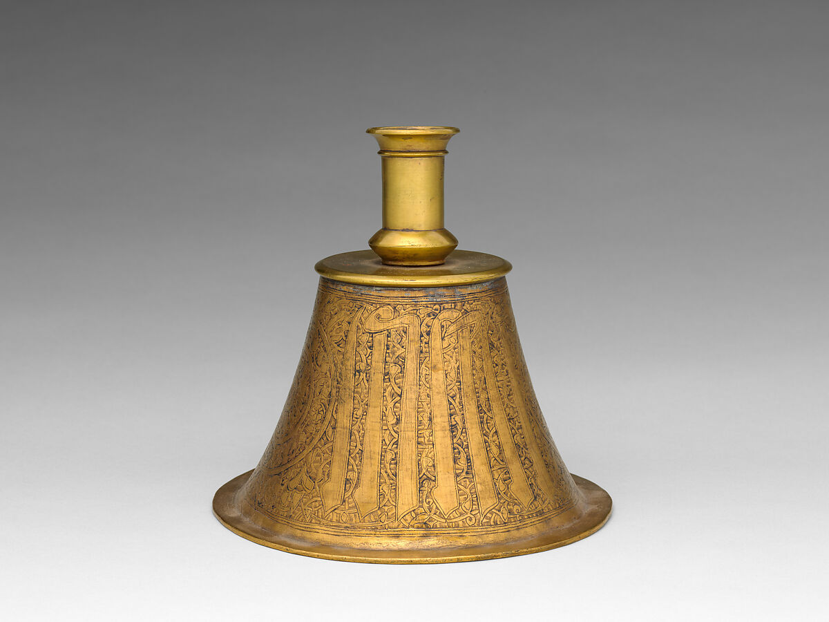 Candlestick, Brass; originally inlaid with silver