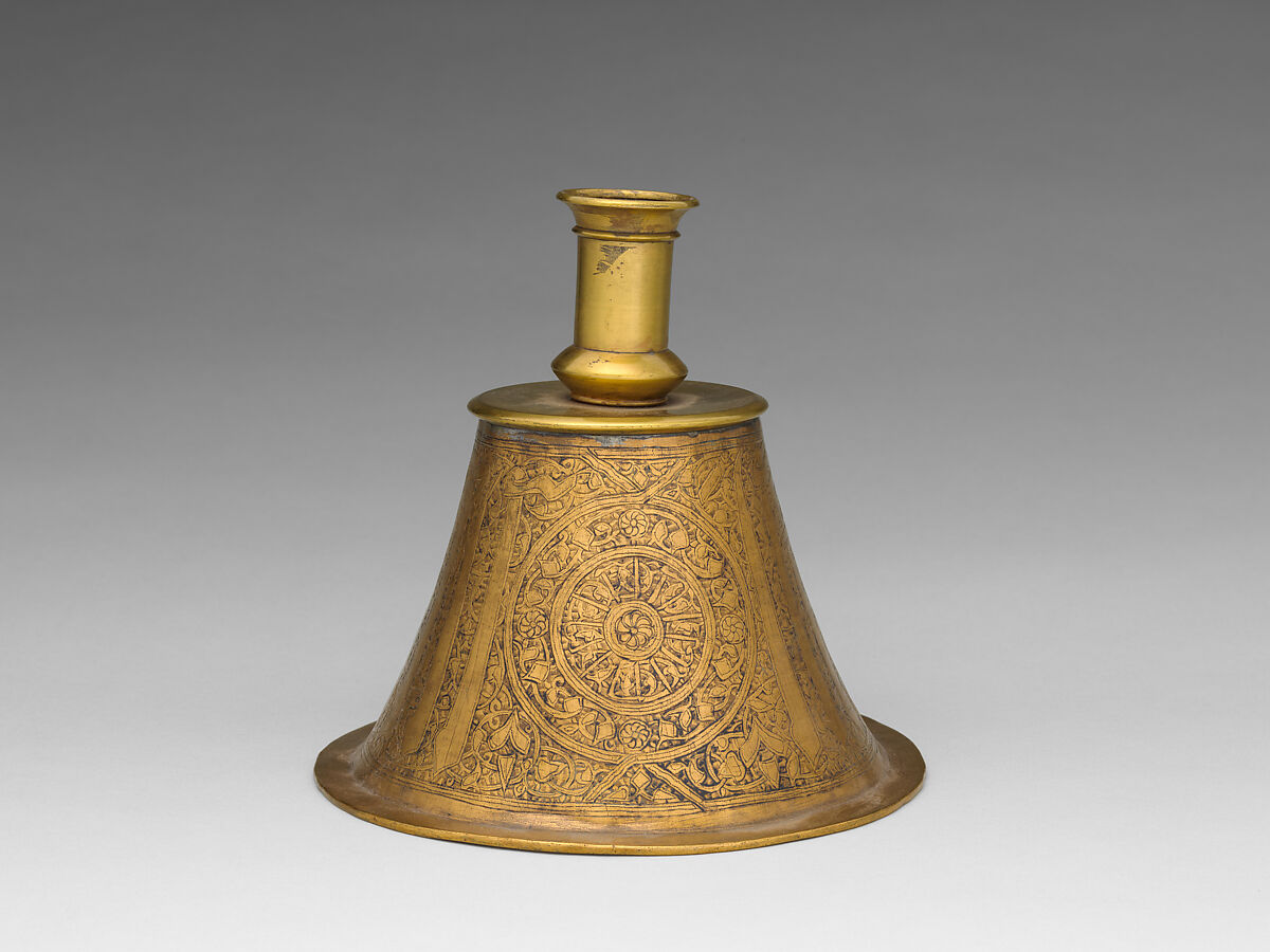 Candlestick, Brass; originally inlaid with silver 