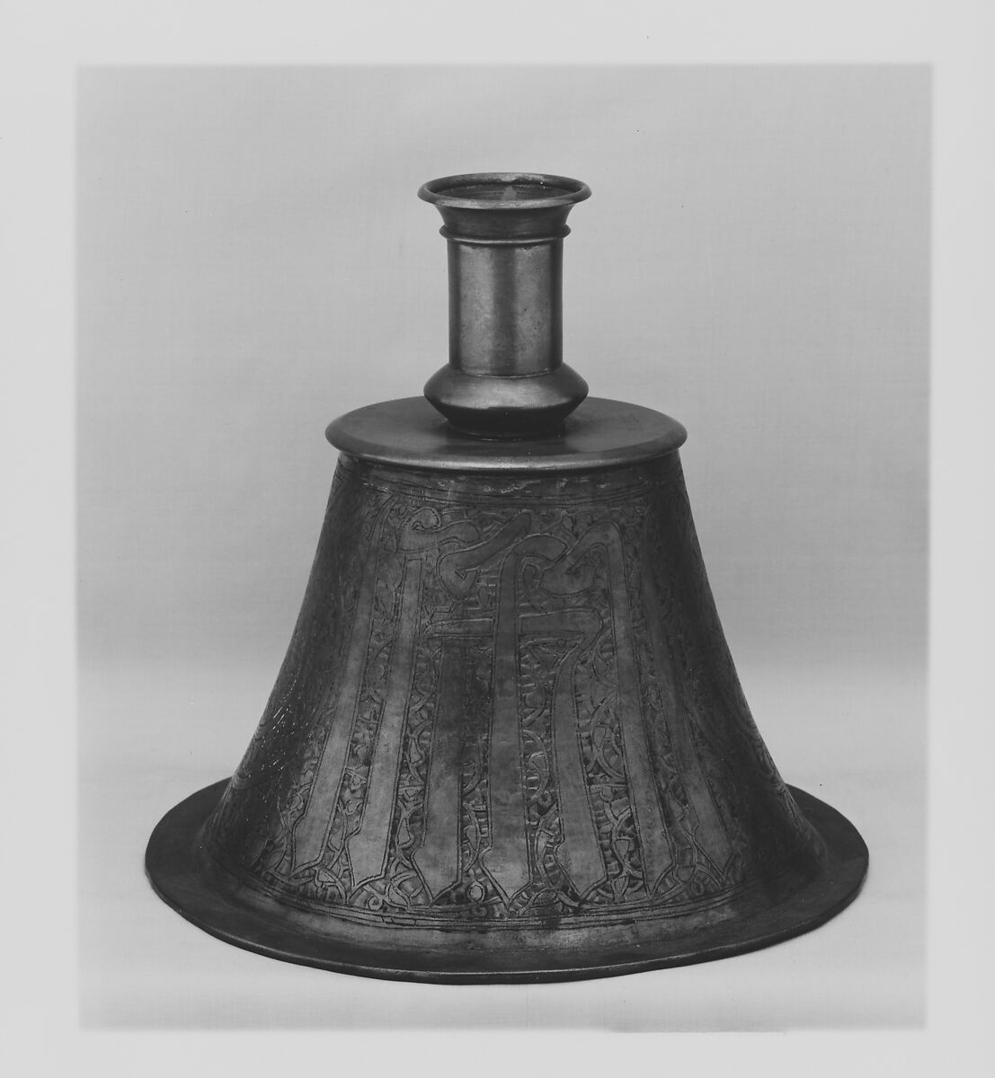 Candlestick, Brass; originally inlaid with silver