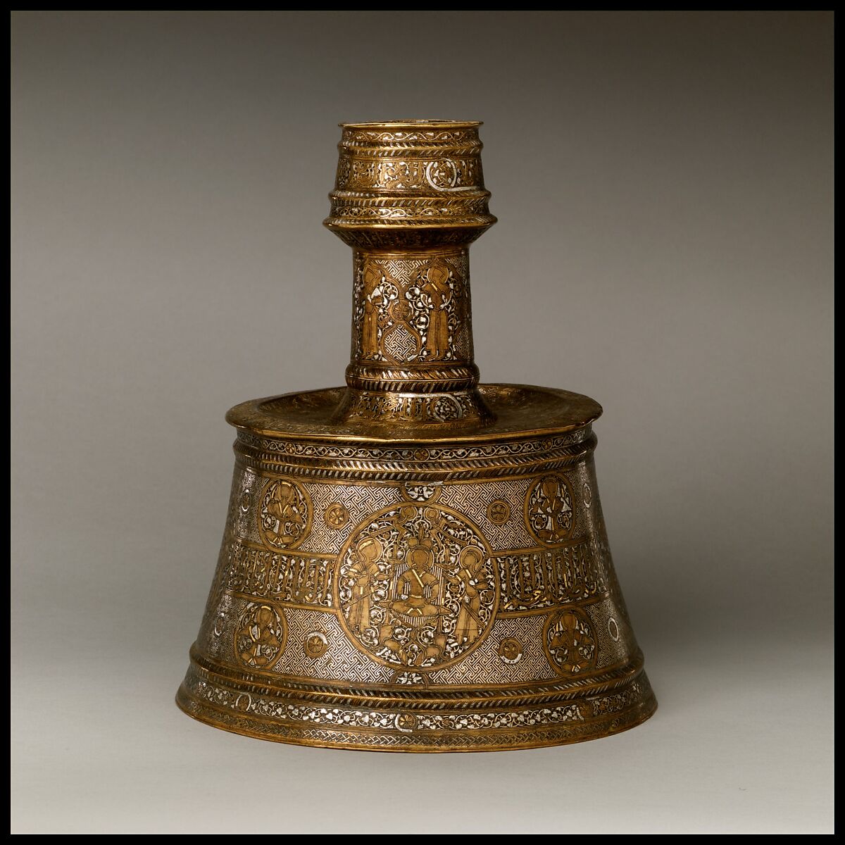 Candlestick, Brass; inlaid with silver, gold, and black compound