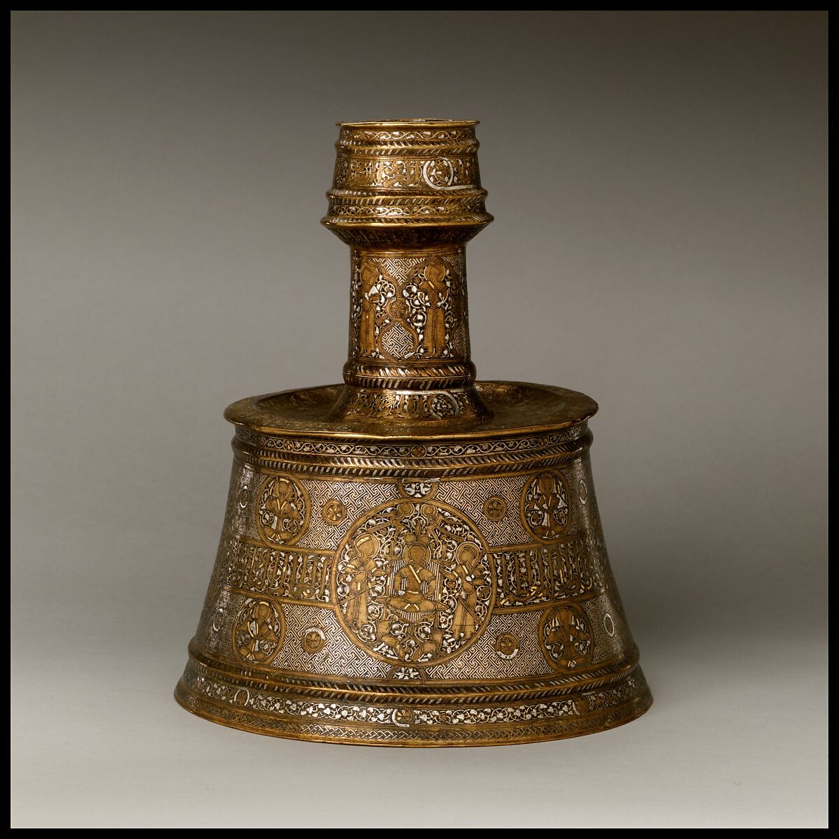 Candlestick, Brass; inlaid with silver, gold, and black compound 