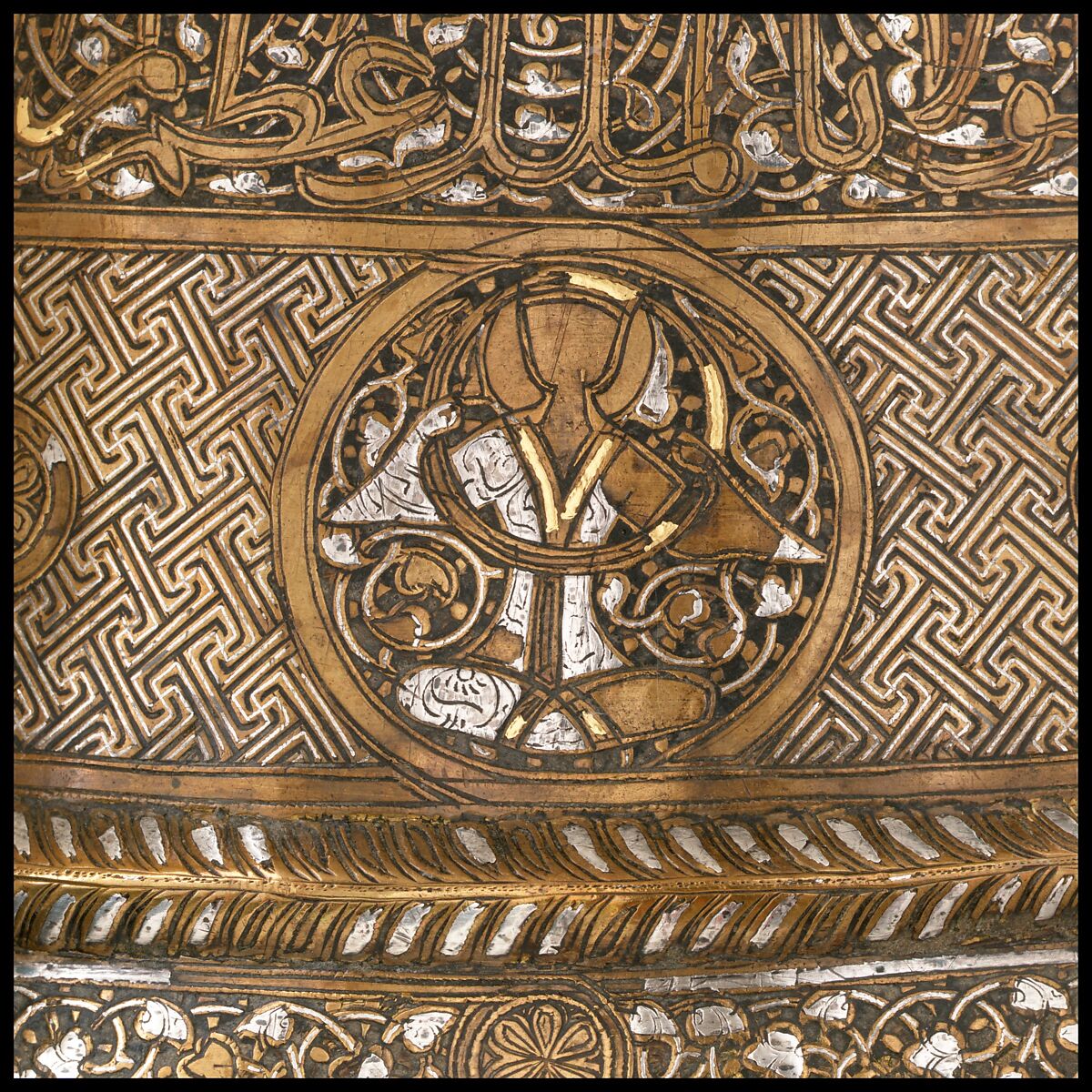 Candlestick, Brass; inlaid with silver, gold, and black compound