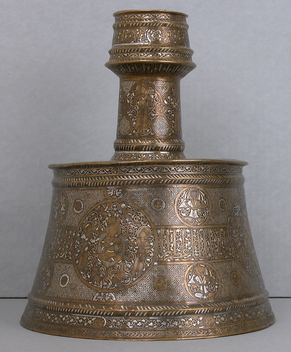 Candlestick, Brass; inlaid with silver, gold, and black compound