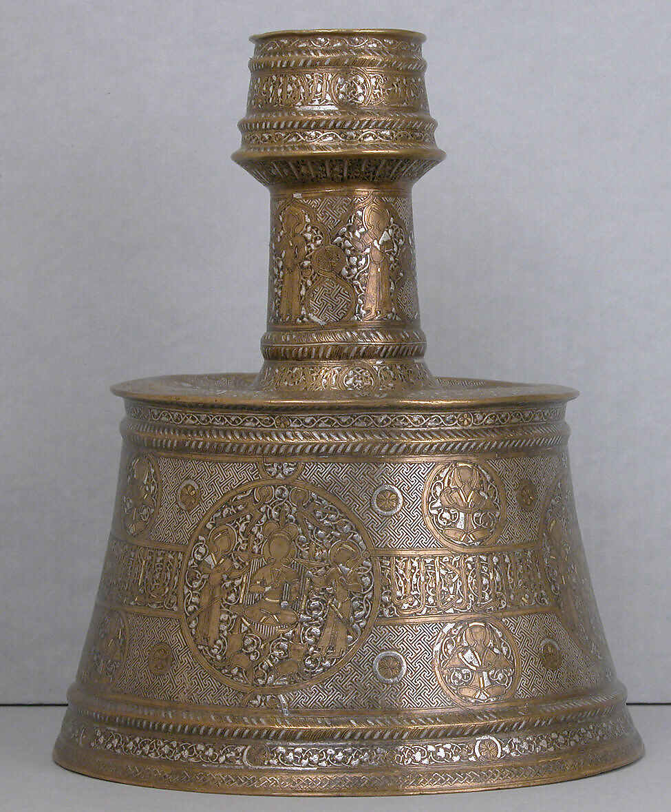 Candlestick, Brass; inlaid with silver, gold, and black compound