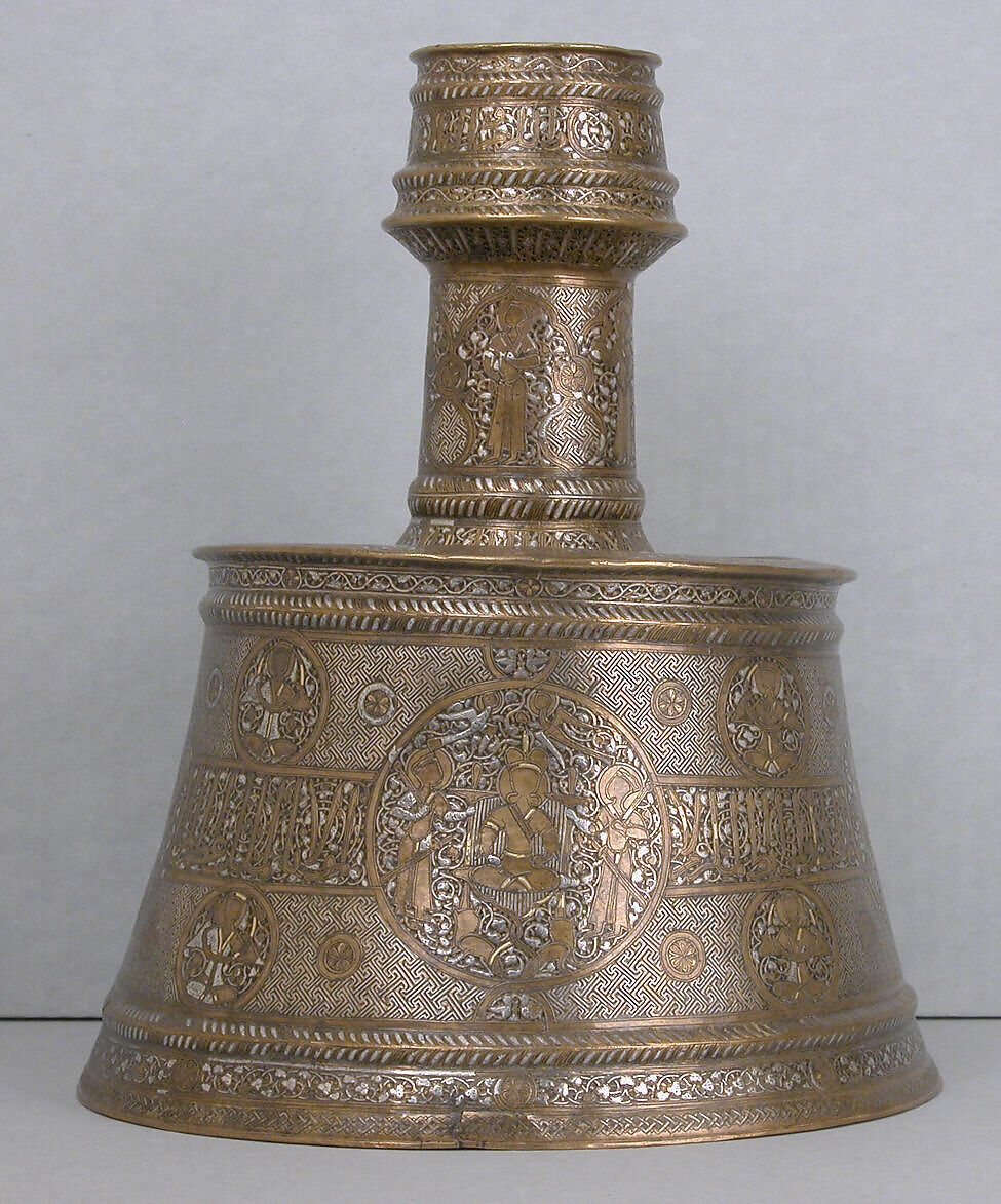 Candlestick, Brass; inlaid with silver, gold, and black compound