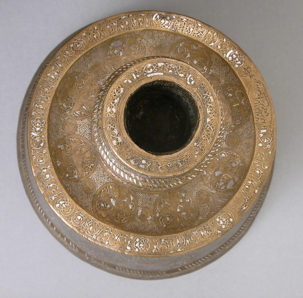 Candlestick, Brass; inlaid with silver, gold, and black compound