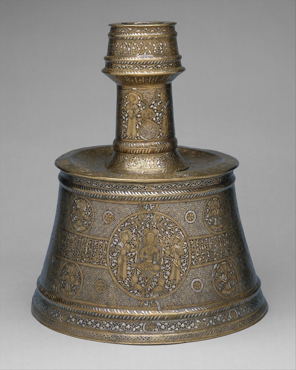 Candlestick, Brass; inlaid with silver, gold, and black compound