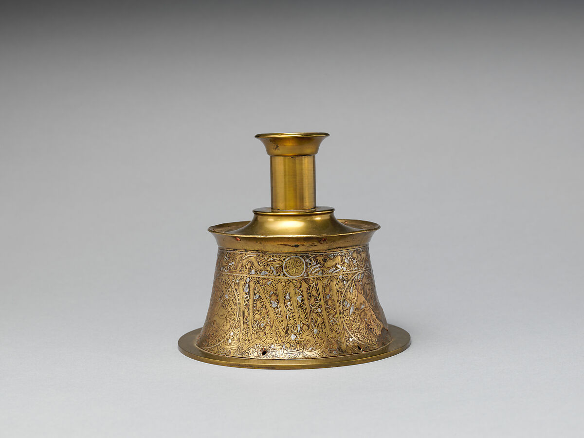 Candlestick, Brass; originally engraved and inlaid with silver