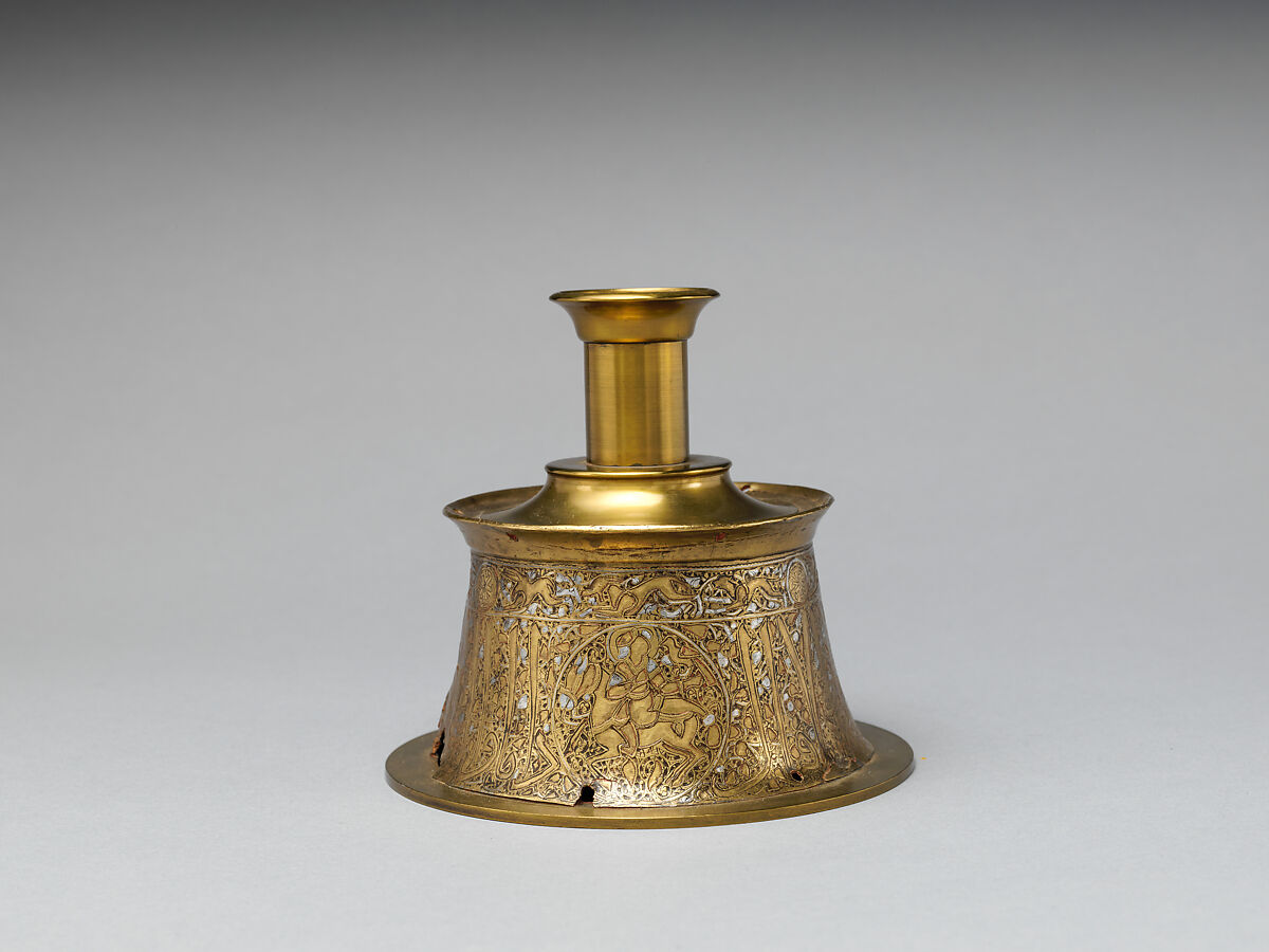 Candlestick, Brass; originally engraved and inlaid with silver