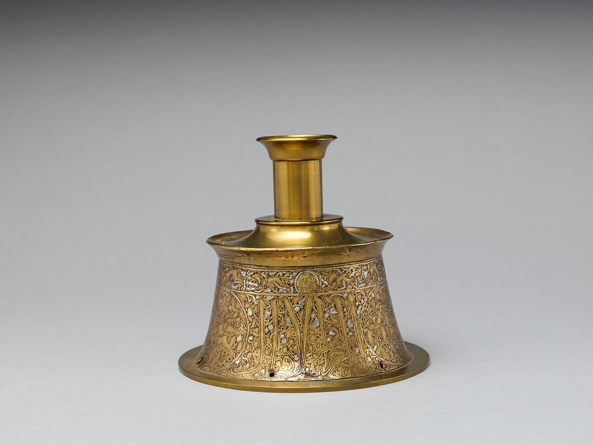 Candlestick, Brass; originally engraved and inlaid with silver