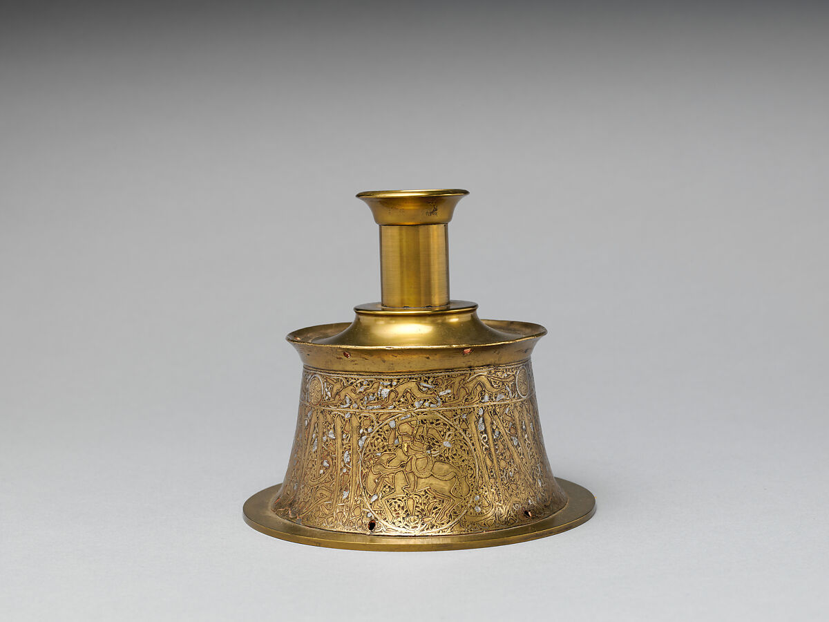 Candlestick, Brass; originally engraved and inlaid with silver 