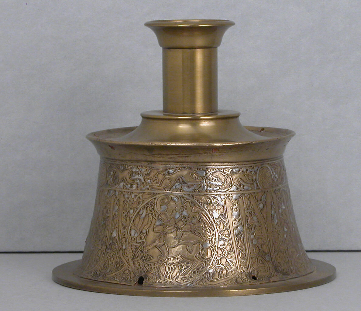 Candlestick, Brass; originally engraved and inlaid with silver