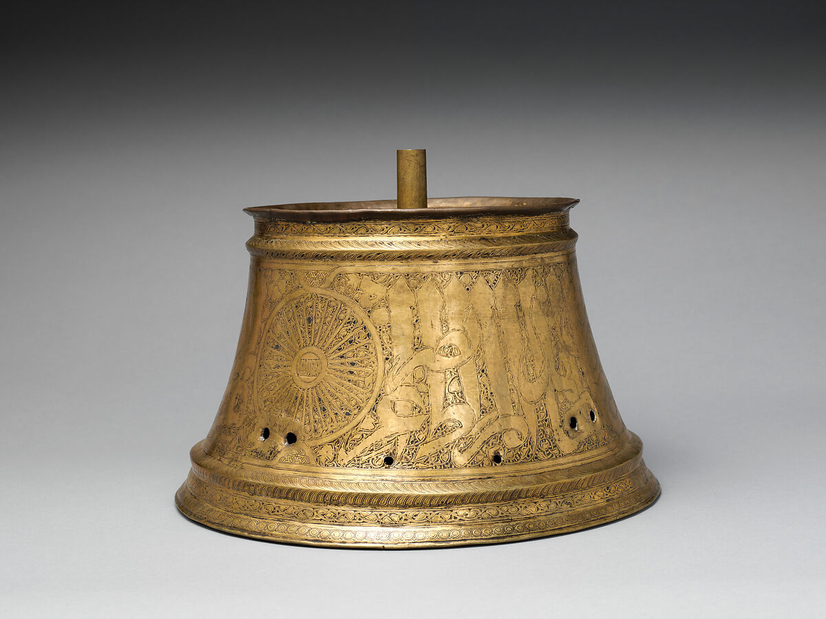 Candlestick Base, Brass; engraved and inlaid with silver